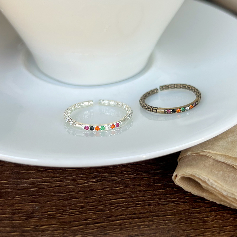 Rainbow Sparkling Diamond Ring for Women, Simple Korean Ins Style Finger Ring, Tail Ring, Knuckle Ring, Adjustable 925 Silver Ring