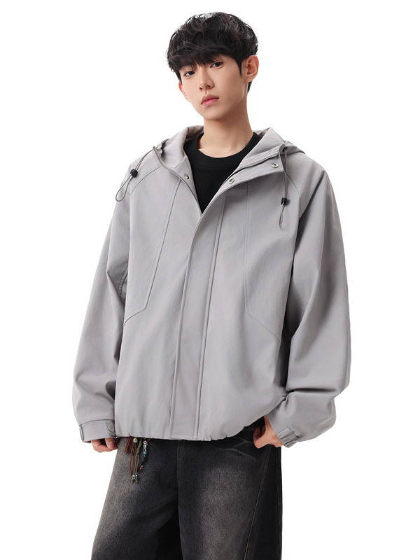 Jianheng American-Style Spring Casual Solid Color Workwear Windproof Jacket with Zipper and Drawstring Hood, Fashionable Loose Coat for Men and Women