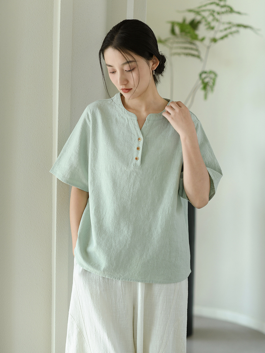 Deer & an Di Summer New Cotton and Linen Women's Clothing Ramie Cotton V-Neck Short-Sleeve T-Shirt for Women, Loose and Breathable Commuter Top
