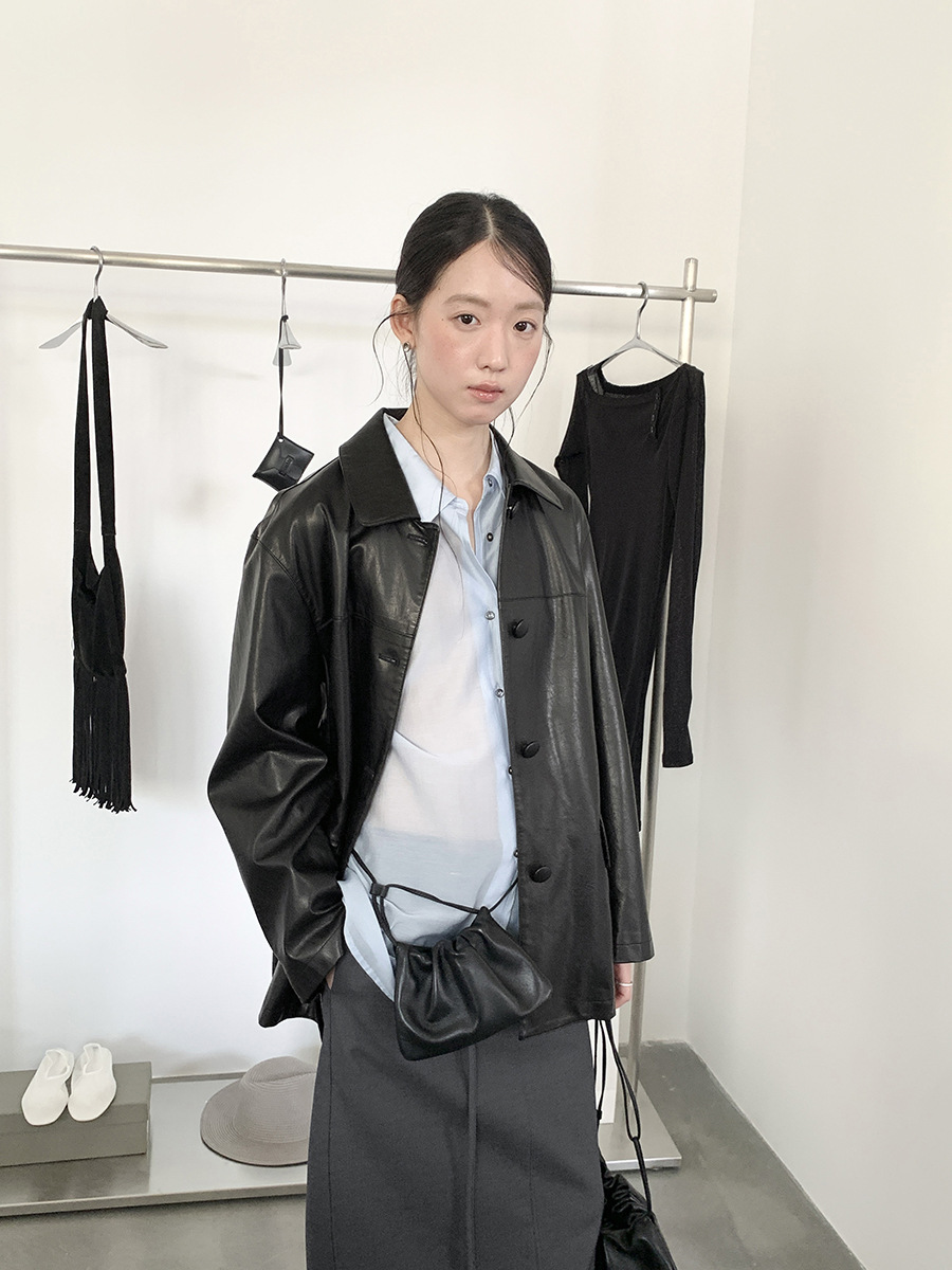 Love and Nancy Thirteen Lines 2026 Spring Korean Style Elegant Commuter Mid-Length Pu Leather Jacket with Turn-Down Collar 03827