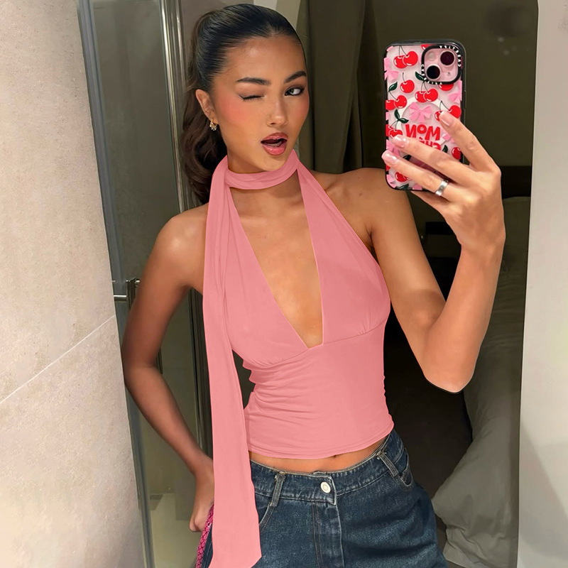 European and American Cross-Border 2025 Summer Solid Color Fashion Sexy Halter Strap Low-Cut Back Hollow Camisole Wholesale
