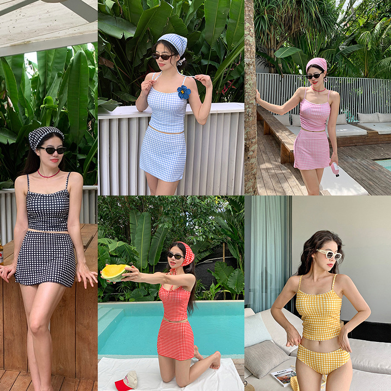 High-End Three-Piece Set Cross-Border 2026 Plaid Bikini Korean New Style Hot Spring Skirt-Style Two-Piece Swimsuit with Headscarf for Women