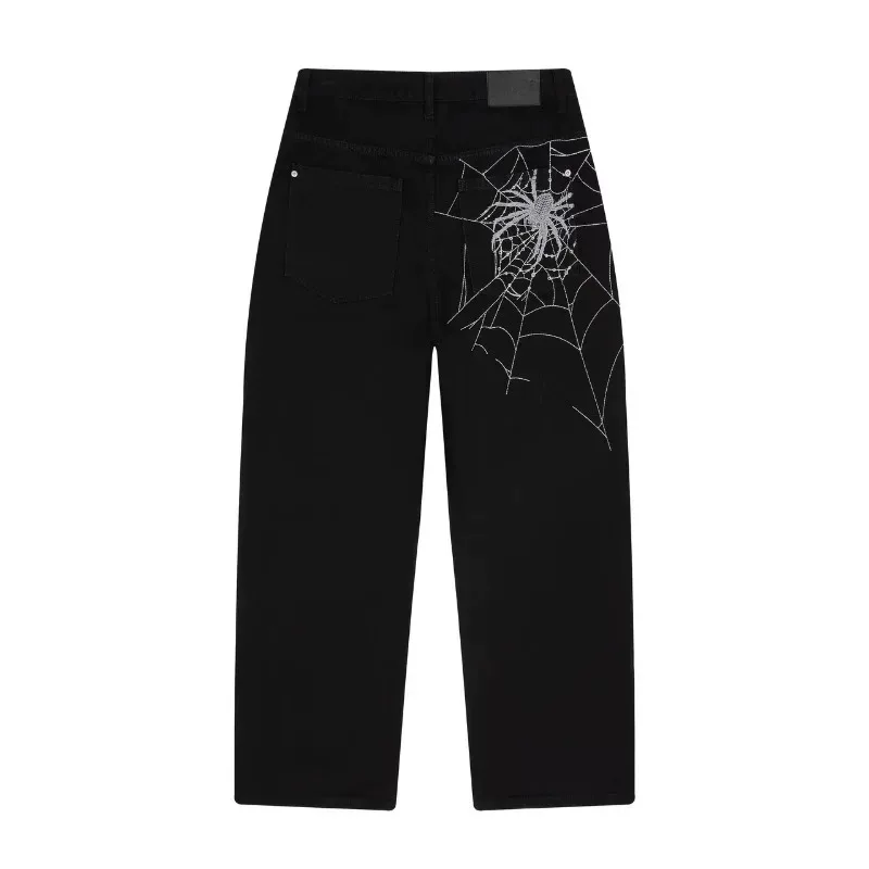 Vintage spider web embroidery; wide-leg jeans.