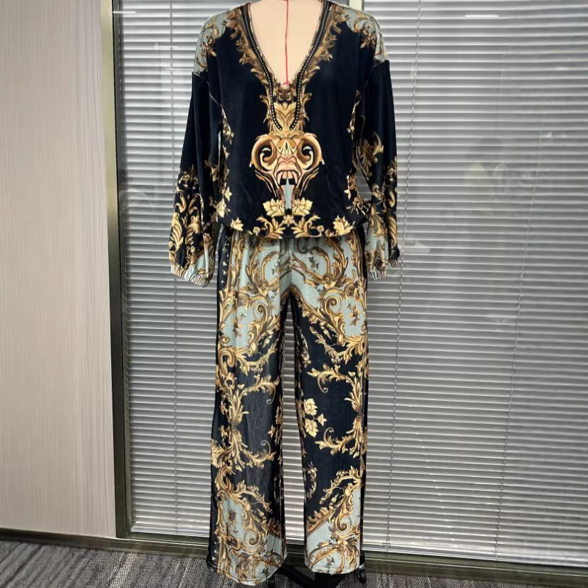 Cross-Border Foreign Trade Women's Clothing 2025 Early Spring Vacation Style Retro V-Neck Korean Velvet Printed Suit for Women