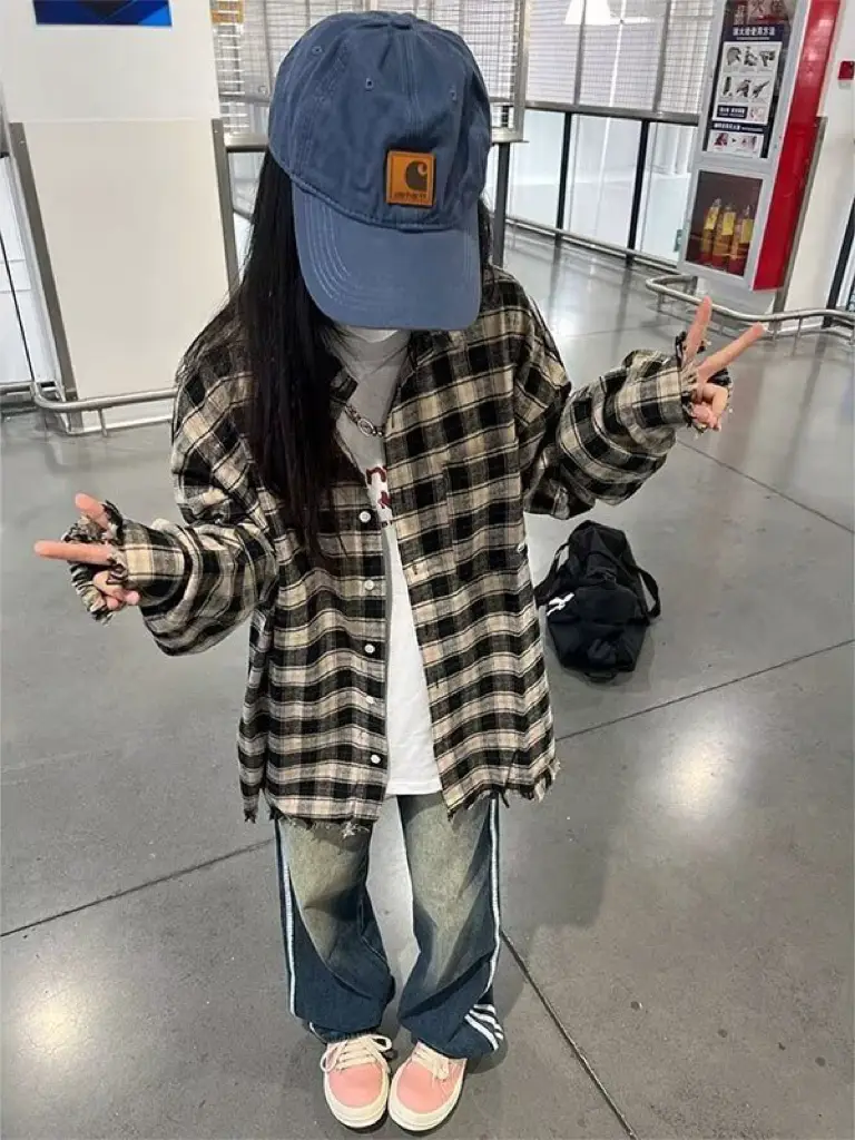 American Fashion Brand Raw Hem Plaid Embroider Shirt Spring & Fall Men and Women Cleanfit Casual Easiest for Match Niche Shirt