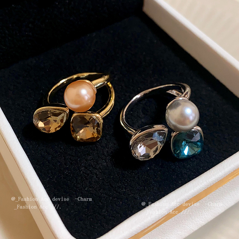 Real gold plating pearl square opening ring retro fashion temperament food finger ring high sense Joker jewelry wholesale