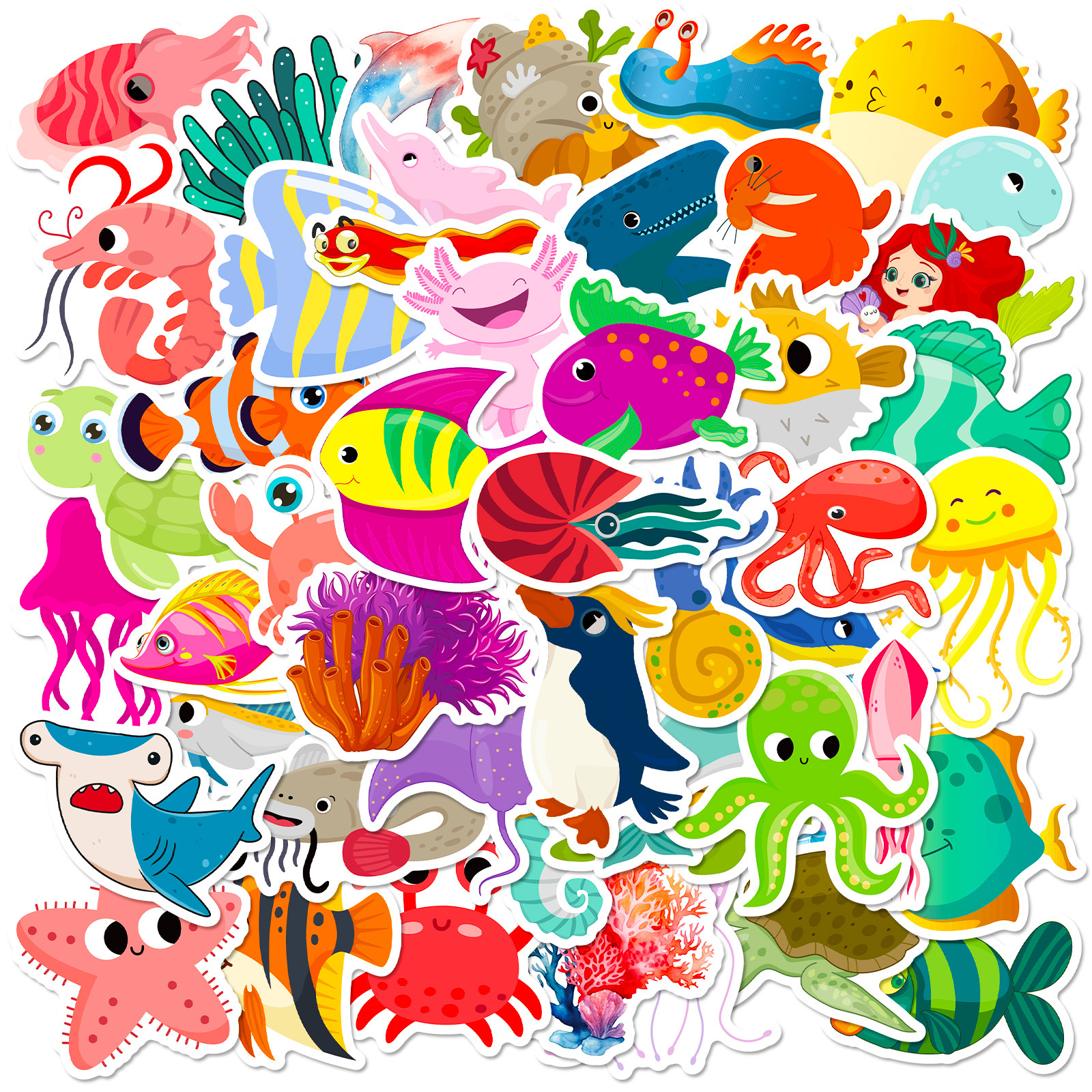 50 pce Marine Life Stickers Aquarium Cartoon Cute Kids Toy Ocean Undersea Dolphin Shark Stickers
