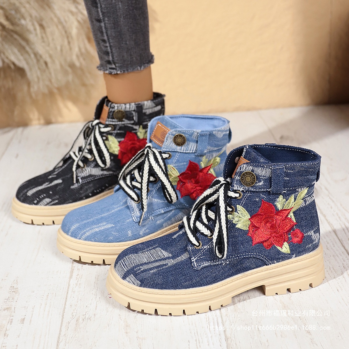 Cross-Border Denim Thick-Soled Boots 2025 Winter Color-Blocked British Style Women's Amazon Printed Work Boots