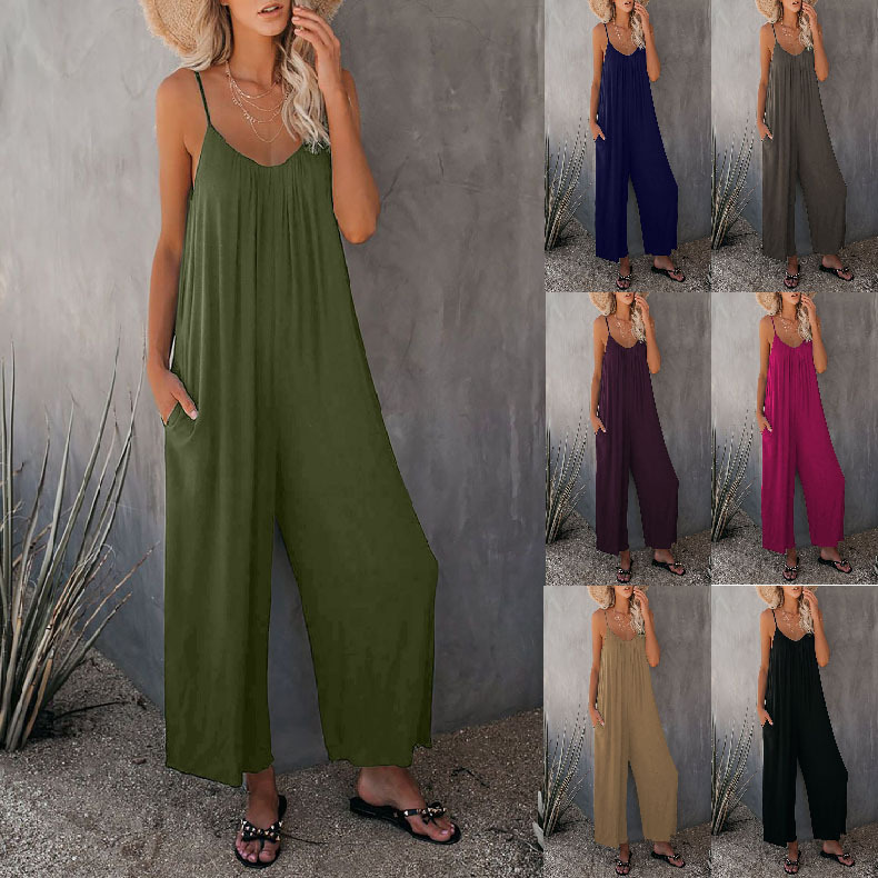Amazon European and American 2025 New Summer Women's Pants Cross-Border Pure Color Pocket Casual Suspender Jumpsuit Elegant