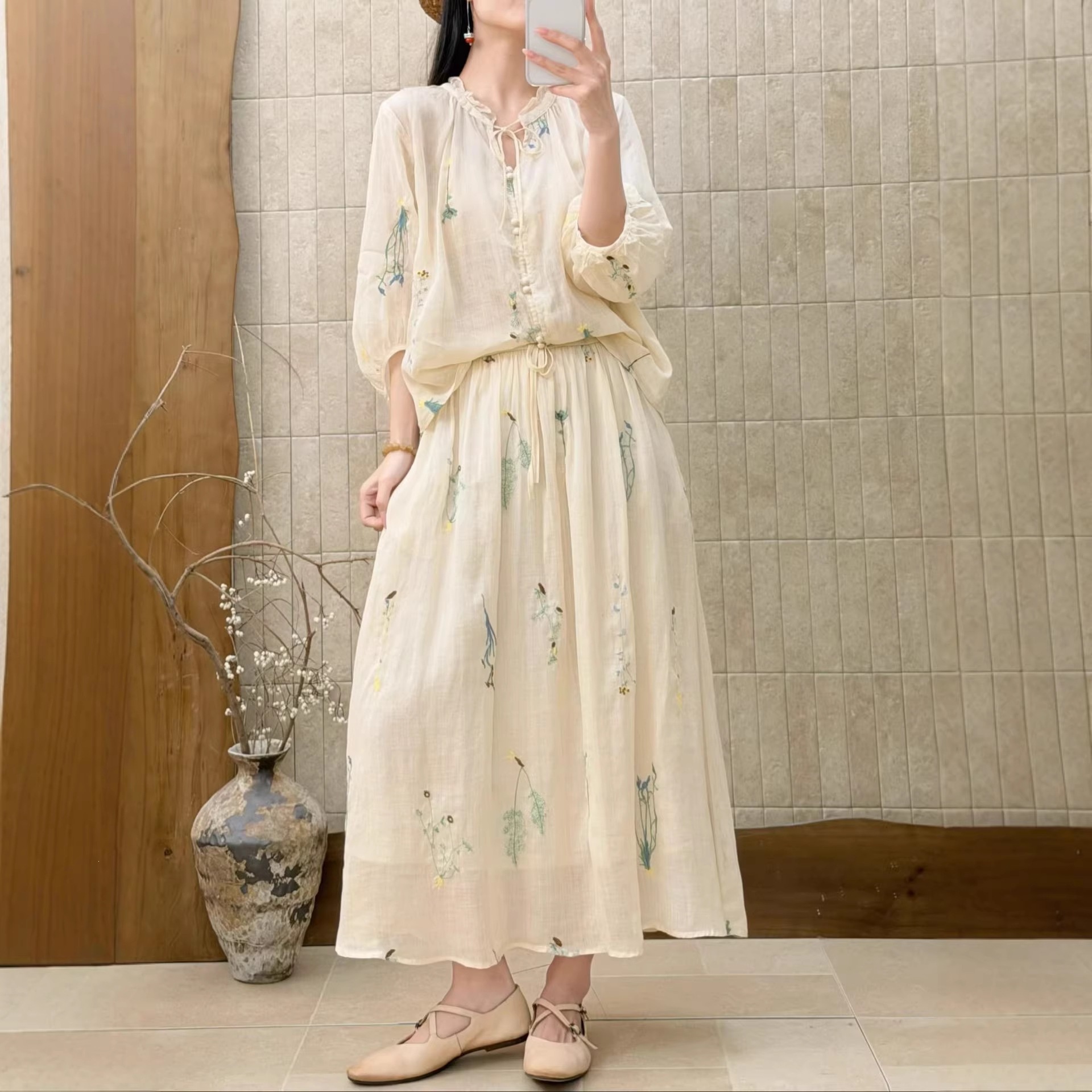 Ramie Embroidered Shirt Set 26 New Summer Style Artistic Round Neck Tie-Up Mid-Sleeve Top + Forest Style Age-Reducing Skirt