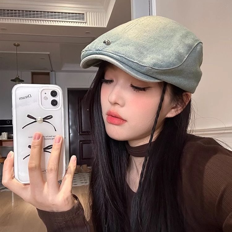 Washed Denim Newsboy Cap for Women, Spring and Summer Vintage American Retro Beret Baseball Cap Trendy