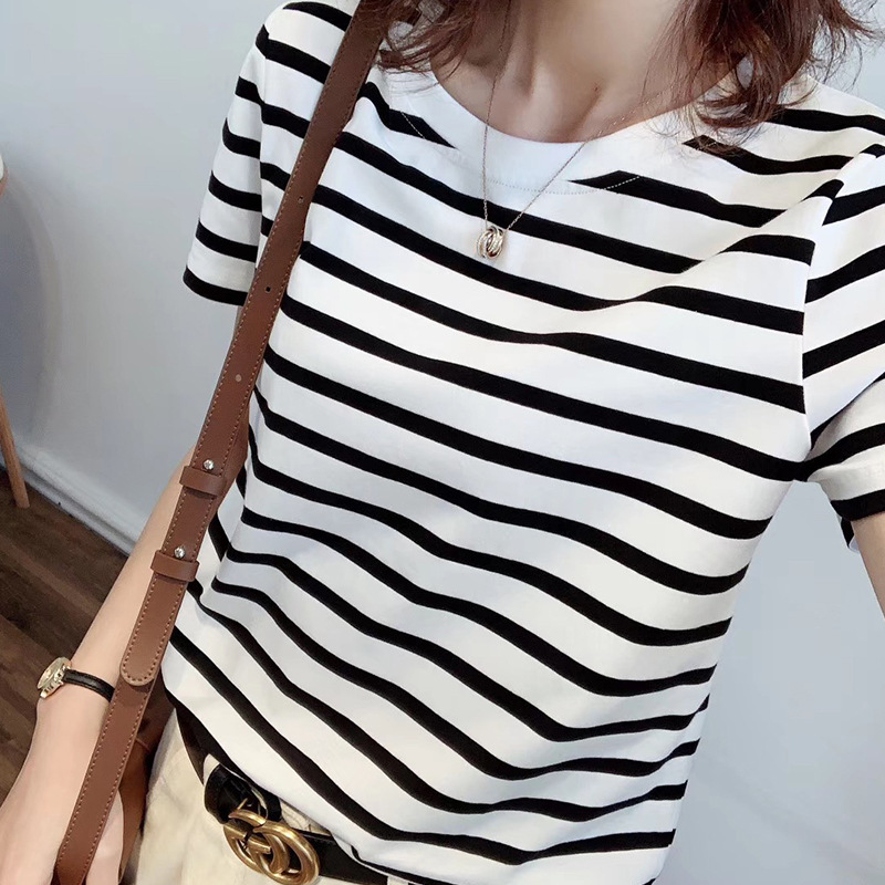 Suding Xia Xin Striped T-shirt Classic Black and White Striped Cotton Women's Simple Loose Slimming Striped Short-sleeved Top