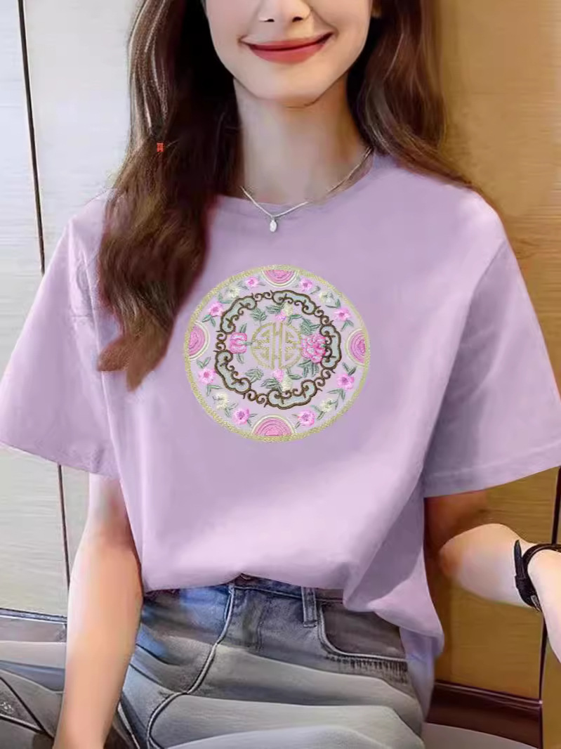 Embroidered National Style Pure Cotton Short-Sleeved T-Shirt for Women 2025 Summer New Style New Chinoiserie Trendyy Versatile T-Shirt Large Size