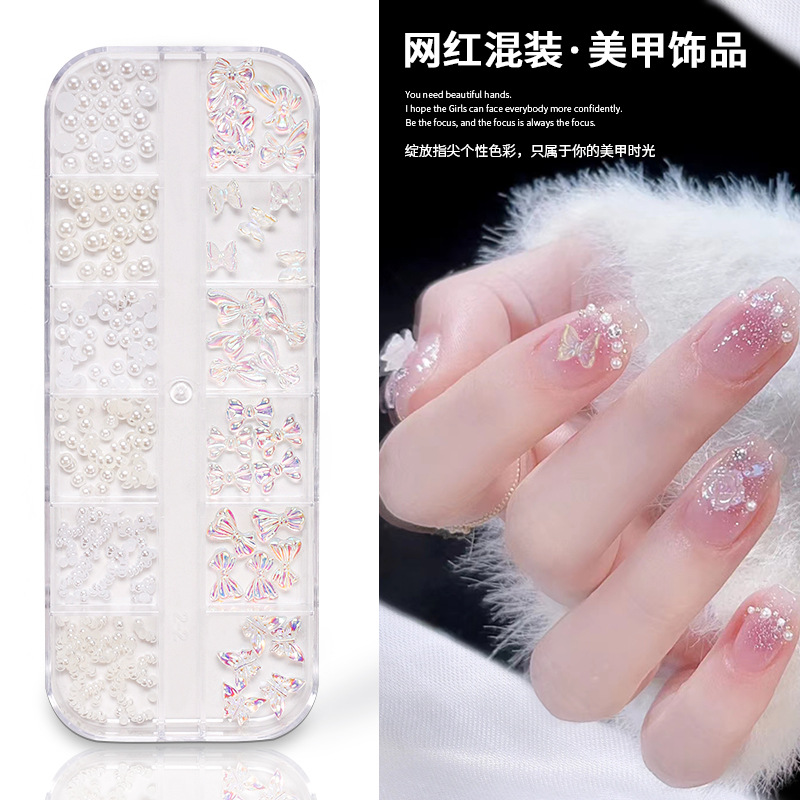 Nail jewelry Aurora bow Pearl rivet small accessories Super Flash small diamond 12 grid mixed nail decoration wholesale