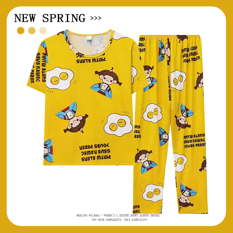 Factory foreign trade wholesale pajamas women's crew neck short sleeve trousers summer casual students cartoon thin home clothes suit