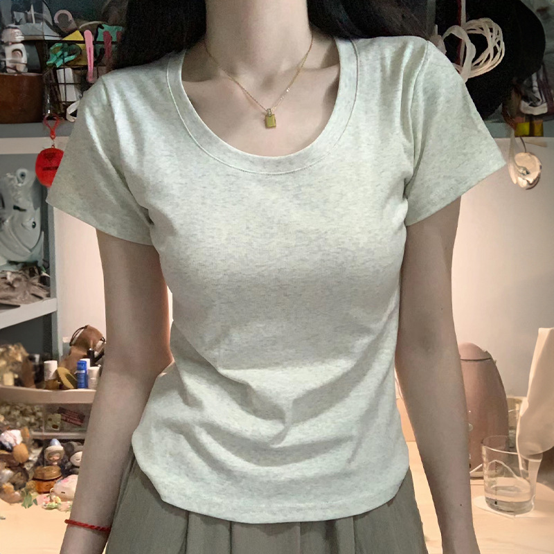 Round Neck, Straight Shoulder, Short-Sleeved T-Shirt for Women, 2026 New Summer Style, American-Style Solid Color Inner Wear, Slim Fit, Simple and Slimming Short Top