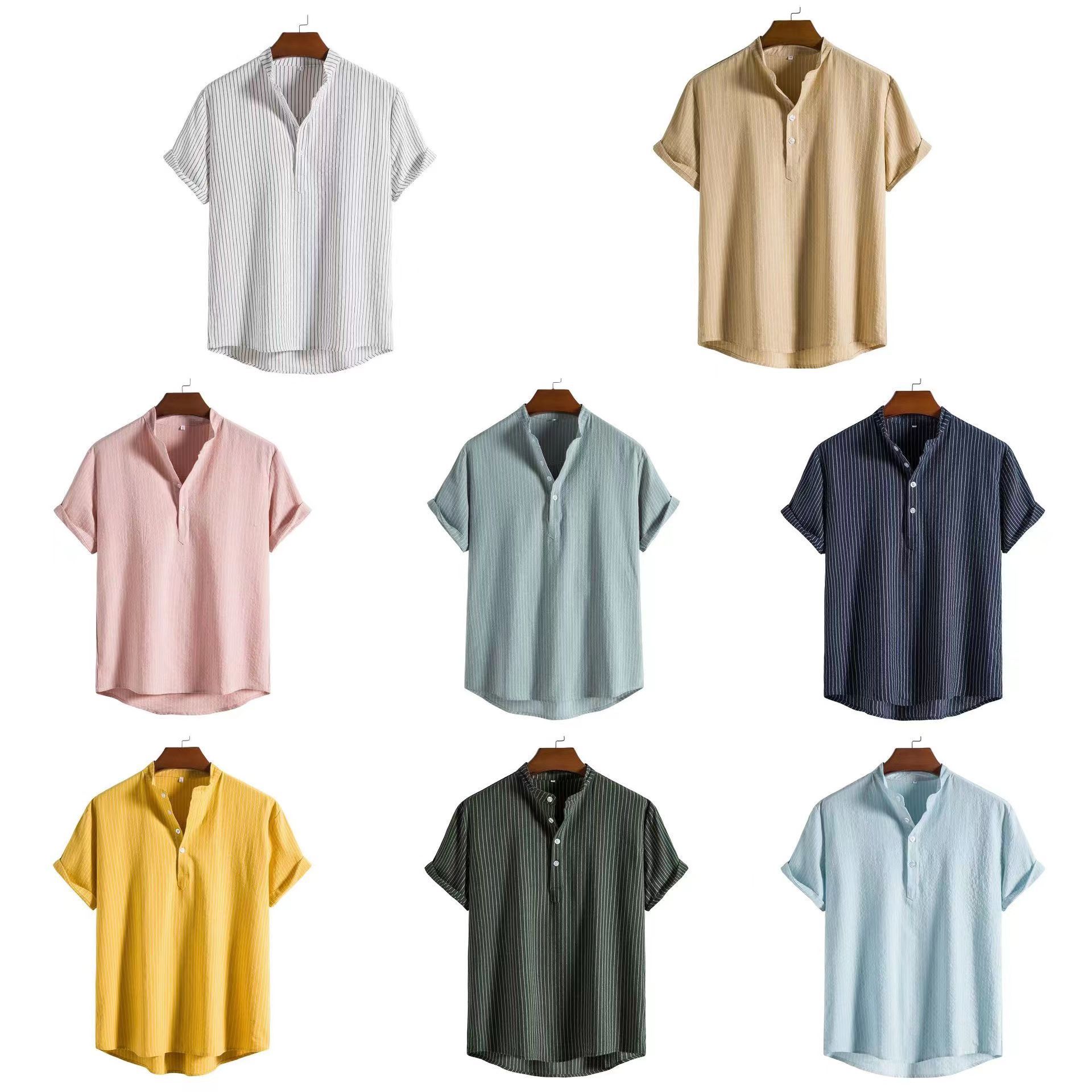 2022 Aliexpress Ebay New Men's Stand-Up Collar Stripesd Short-Sleeved Shirt Ethnic Style Series Loose Large Size Shirt