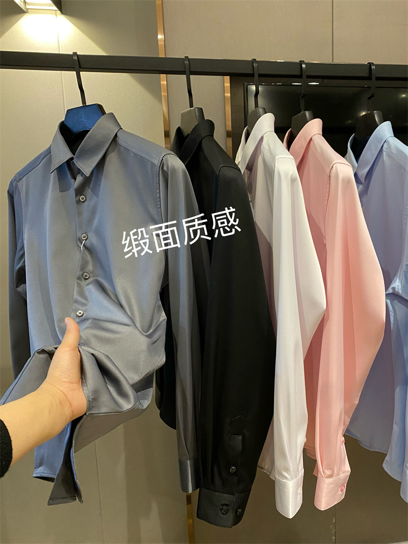 Consistently good quality! Satin Texture Silky Drop Spring and Autumn New Solid Color Casual Long Sleeve Shirt for Men