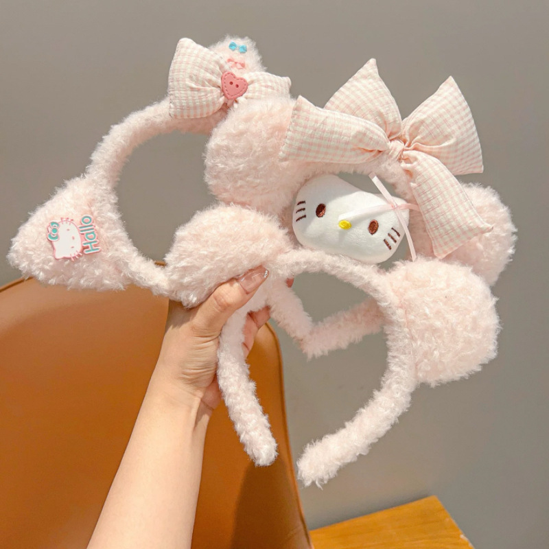 Cartoon Plaid Kt Cat Children's Hairband Cute Plush Girl Cat Ear Hair Clip Girls' Face-Washing Hairband Hair Tie