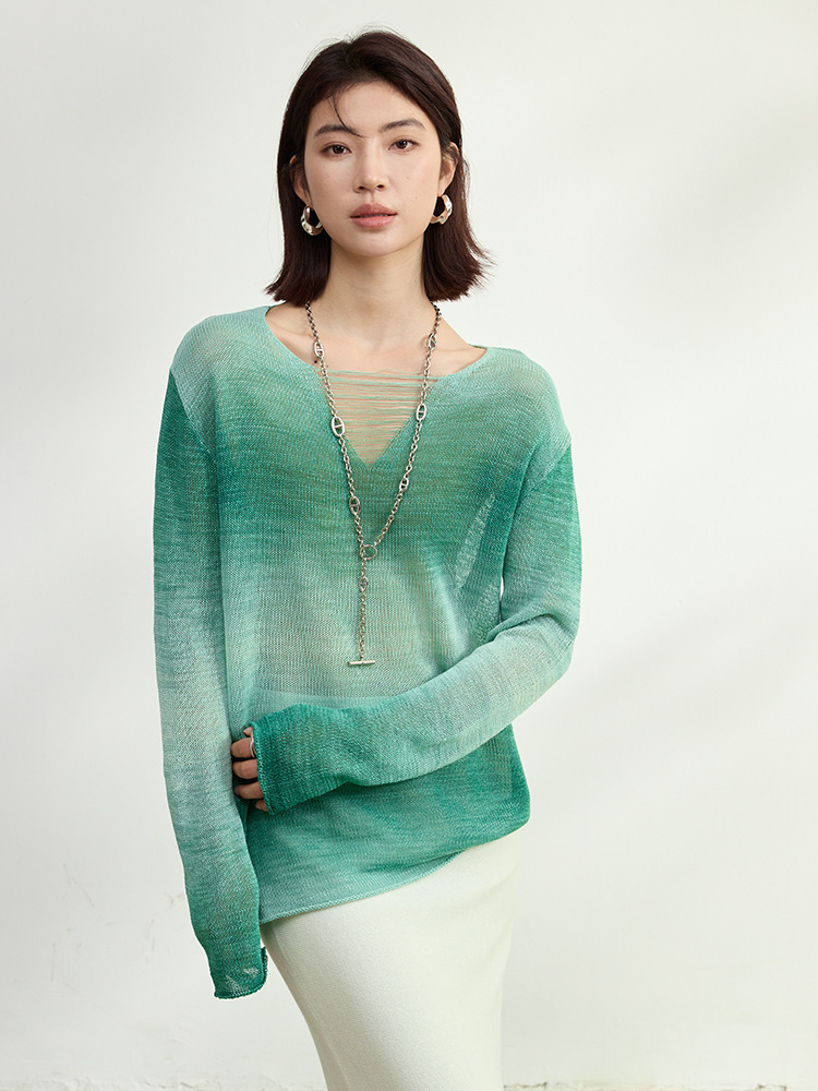 Japanese Paper Yarn Hollow-Out V-Neck Knit Sweater Women's Top 26 Spring New Korean Style Loose Thin Sweater Cover-Up