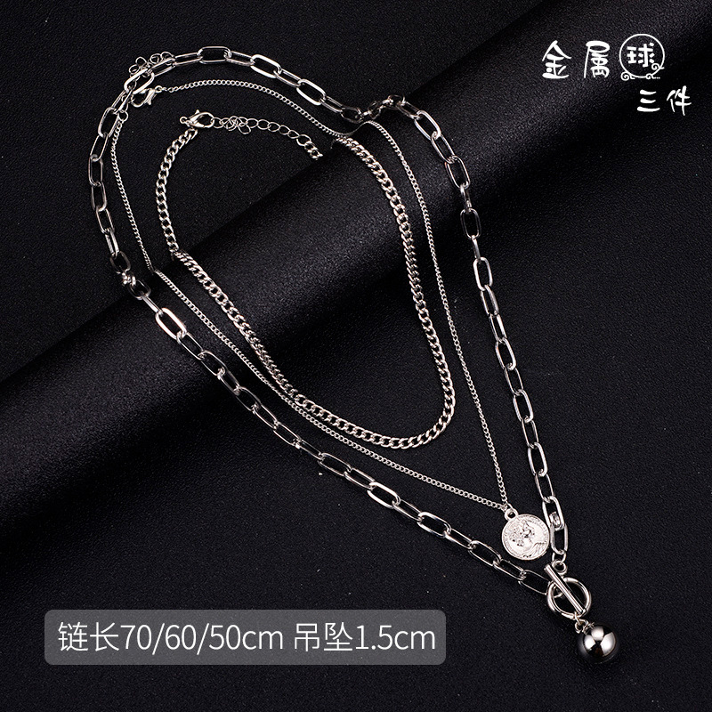 European and American style hip hop fashion metal necklace Queen metal ball multi-layer Internet celebrity men's necklace jewelry wholesale