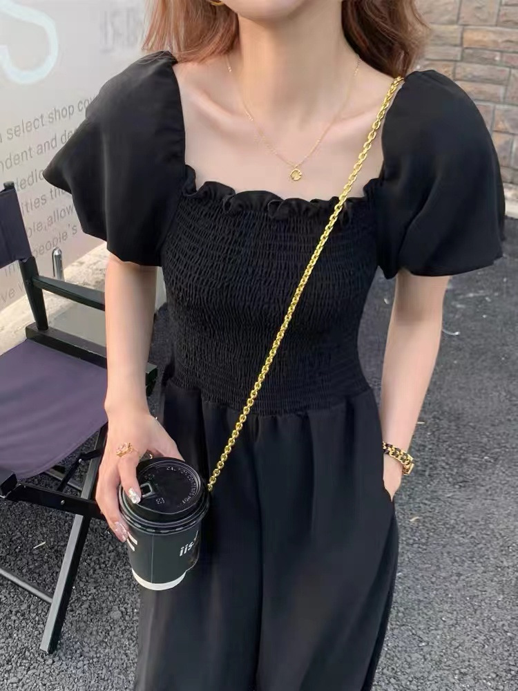 Women's 2023 Summer new sweet square collar fashionable elegant waist-tight loose slimming age-reducing jumpsuit wide-leg pants