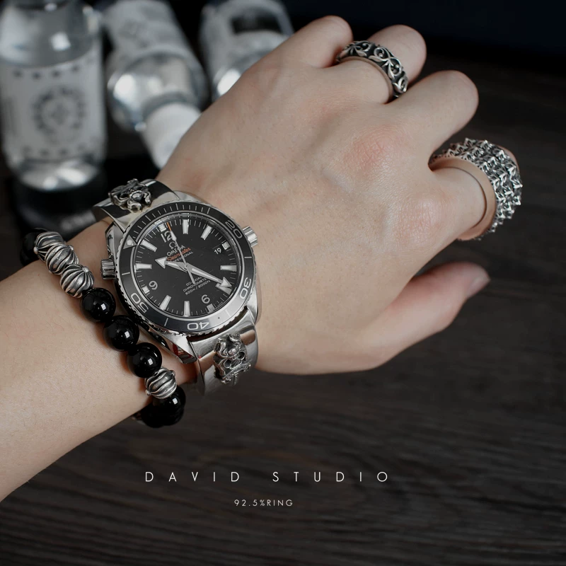 David's 925 sterling silver men's handmade punk motorcycle style watch chain with internet famous same style chain