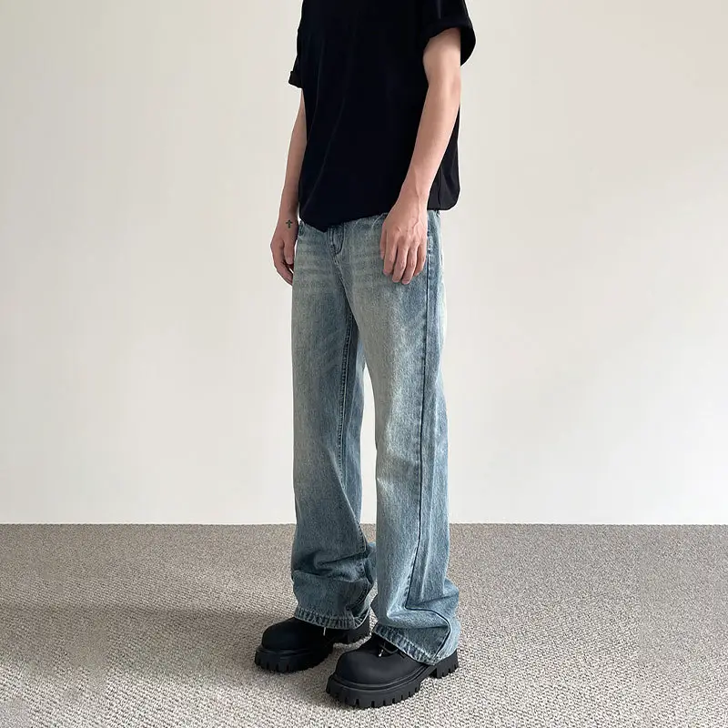 American-style high street cleanfit distressed washed jeans men's design sense straight micro-tube slimming vibe pants trend