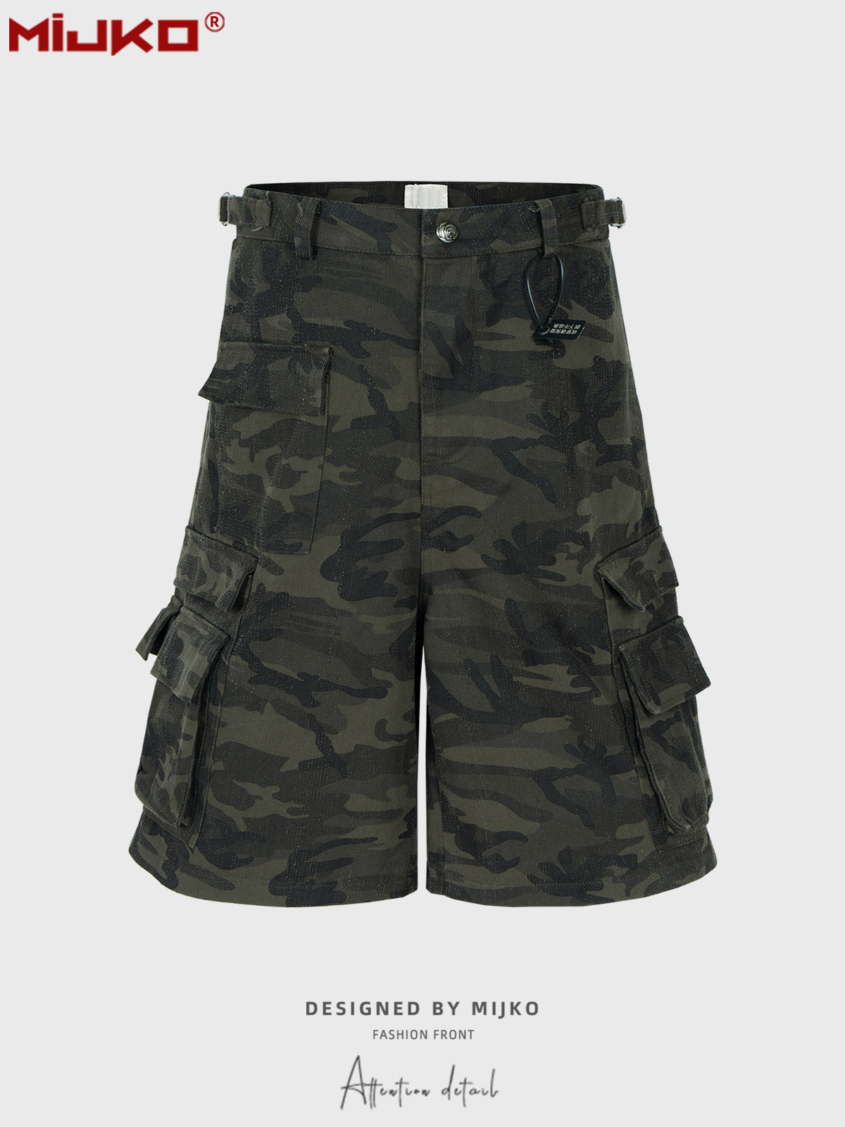 MIJKO men's clothing women's spring and summer new camouflage multi-bag work shorts men's and women's same style buckle waist casual pants tide