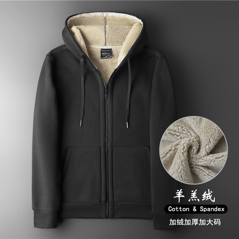 Cross-Border Autumn and Winter Lamb Velvet Cardigan Large Size Sweatshirt Men's Sports Top Plus Velvet Thickened Hooded Sweatshirt Jacket Trendy
