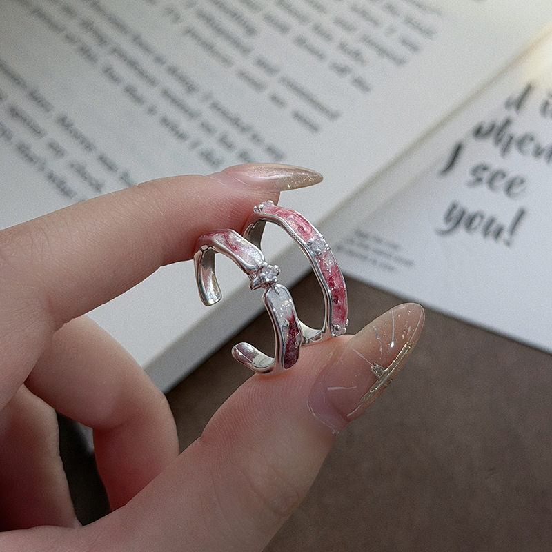 Fairy-Like Sweet Girl's Light Luxury Pink and White Gradient Enamel Diamond-Encrusted Starburst Open Ring, Irregular Niche Stackable Ring for Women