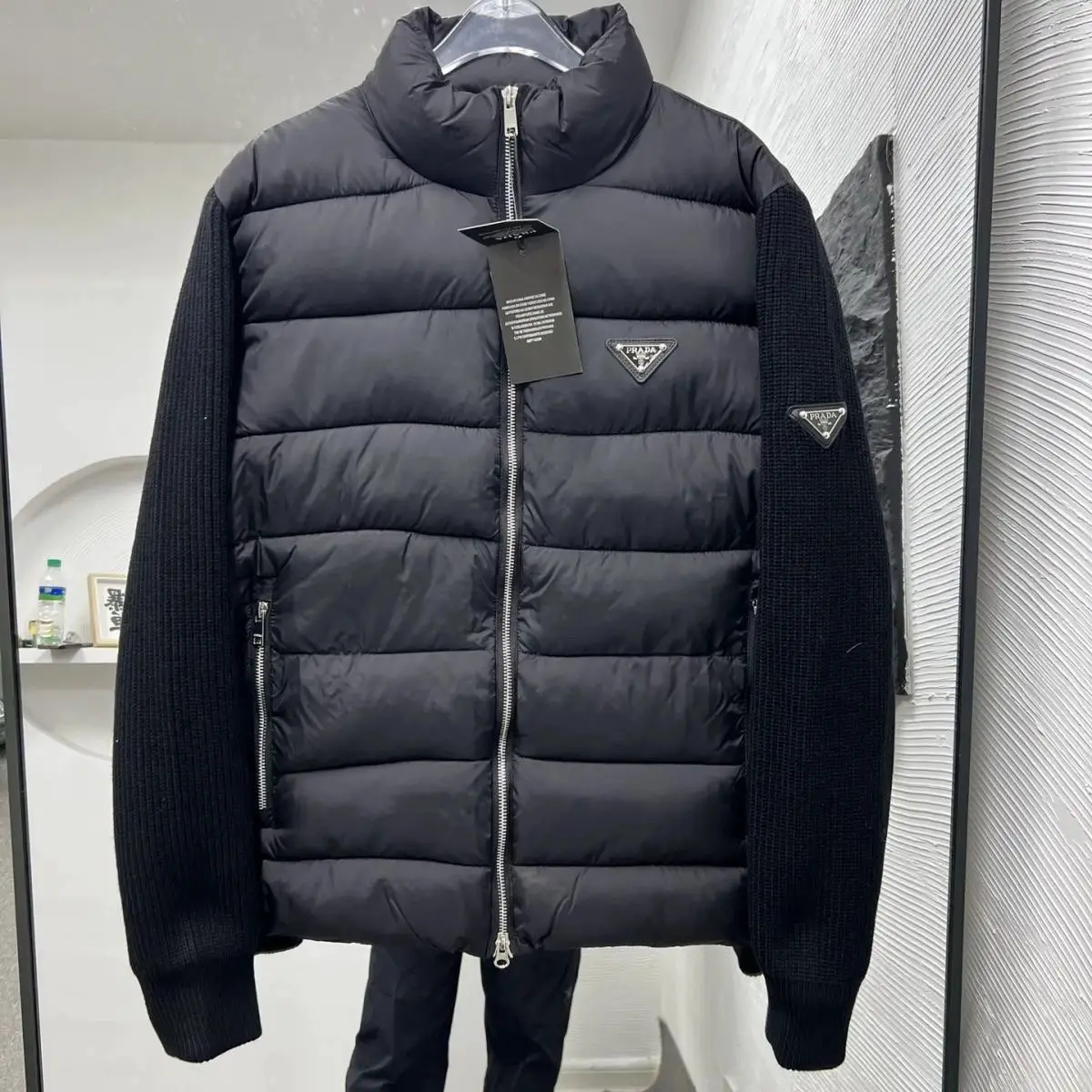 Prada Black Puffer Jacket with Knit Sleeves