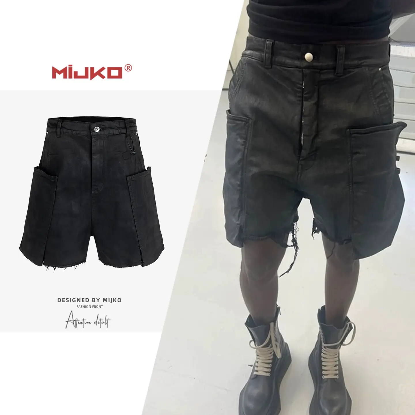 Ro Acbt Wax-Coated Washed Raw Hem Multi-Pocket Casual Versatile Denim Workwear Shorts Dark Style