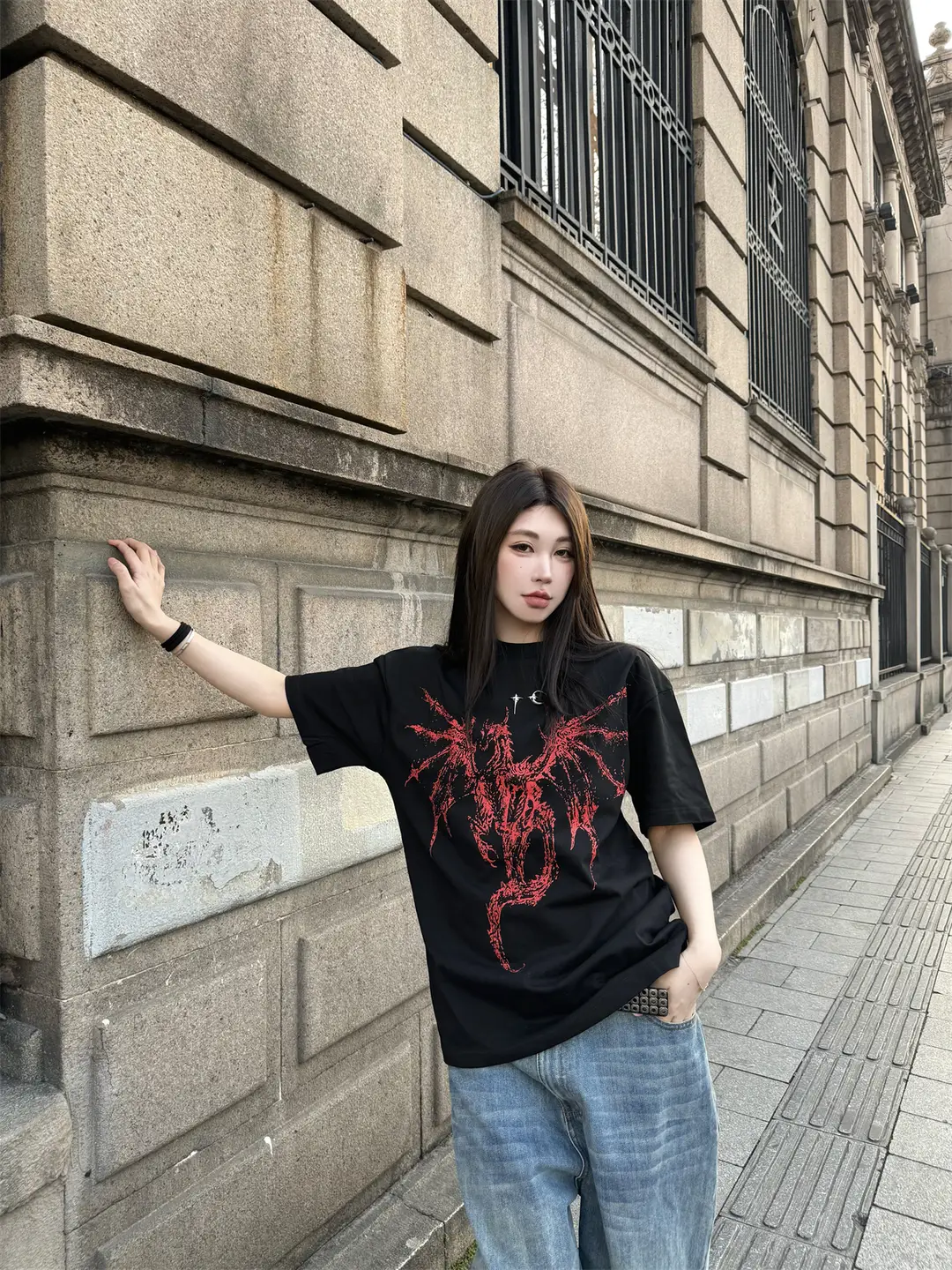 Thug Club Star and Moon Rivet Heavy-Duty Keel Print Short-Sleeve High Street American Casual Couple Trendy Brand T-Shirt