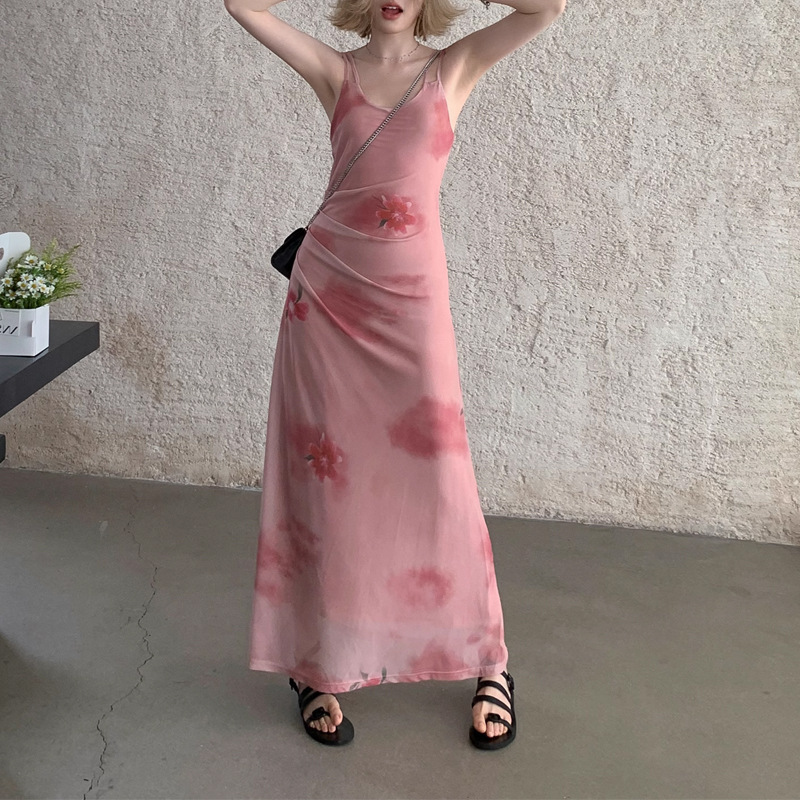 Tea Break French Rose Vignette Pink Mesh Sling Dress Women's Summer Slim-fit Elegant High-end Long Dress