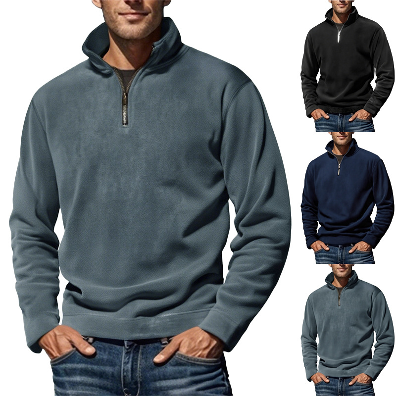 Foreign Trade Independent Website 2026 Autumn and Winter New European and American Men's Fleece Solid Color Simple Casual Stand Collar Pullover Sweatshirt
