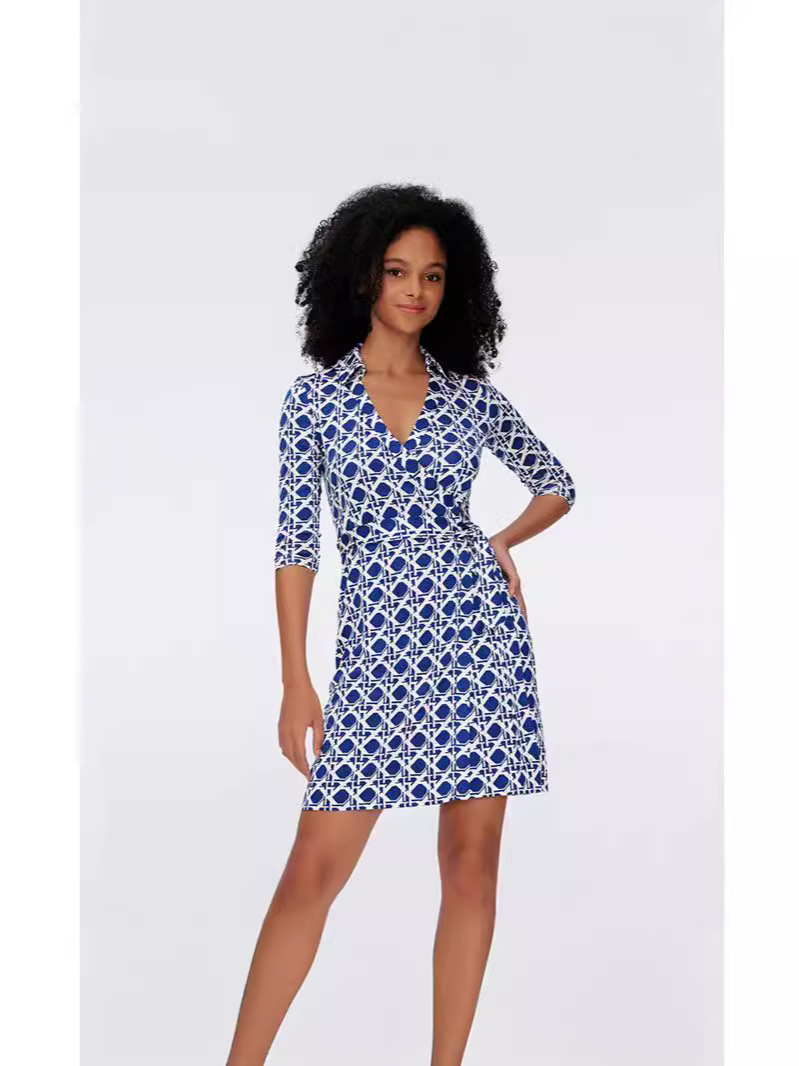 Summer New Arrival Royal Blue Plaid Print Elegant Dress Lapel Seven-point Sleeve Tight Waist Lace-up Hip Wrap Dress