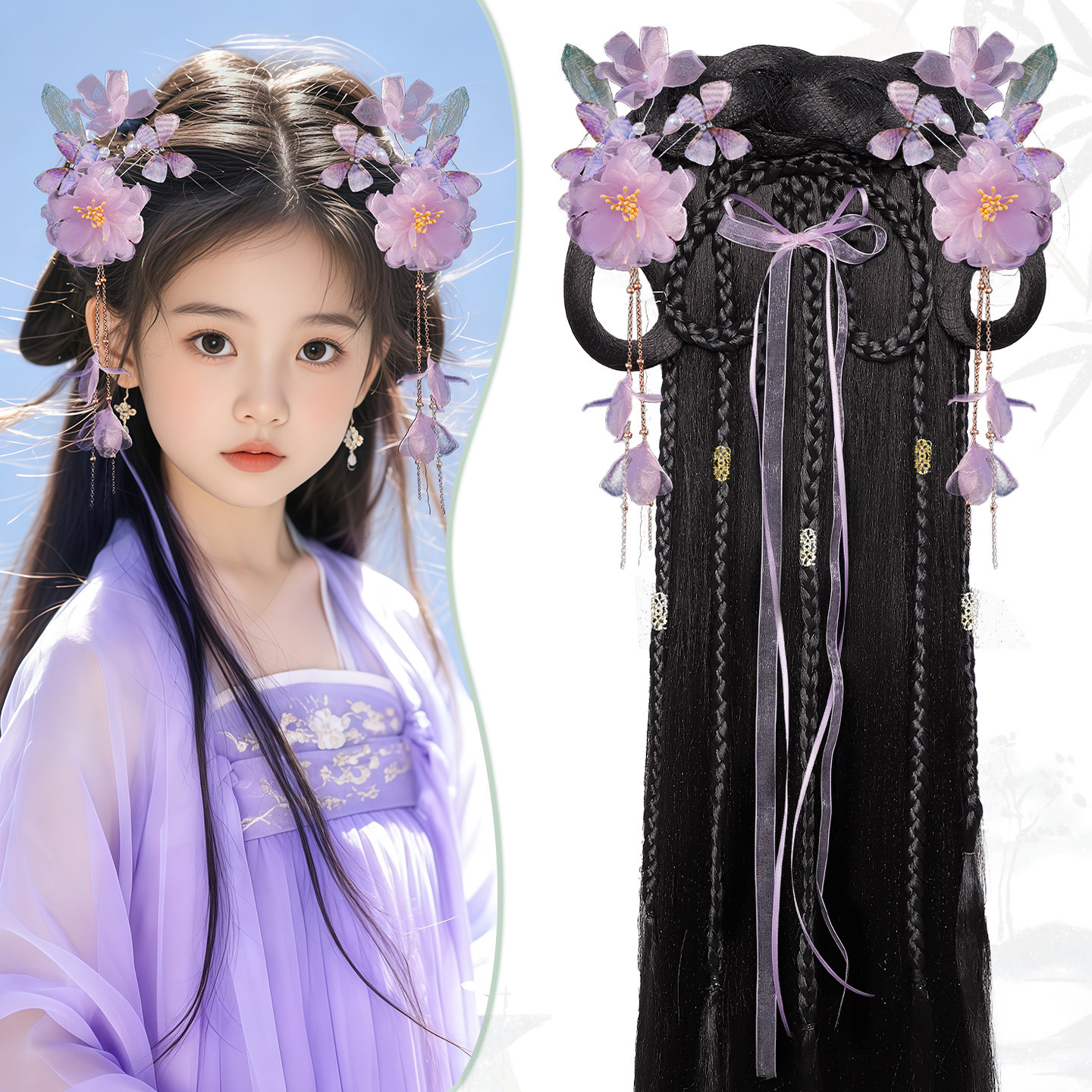 Hanfu Ancient Costume Wig Hair Accessory for Women, Ancient Style One-Piece Lazy Wig Bun, Palace Style Fresh Floral Hair Accessory Set