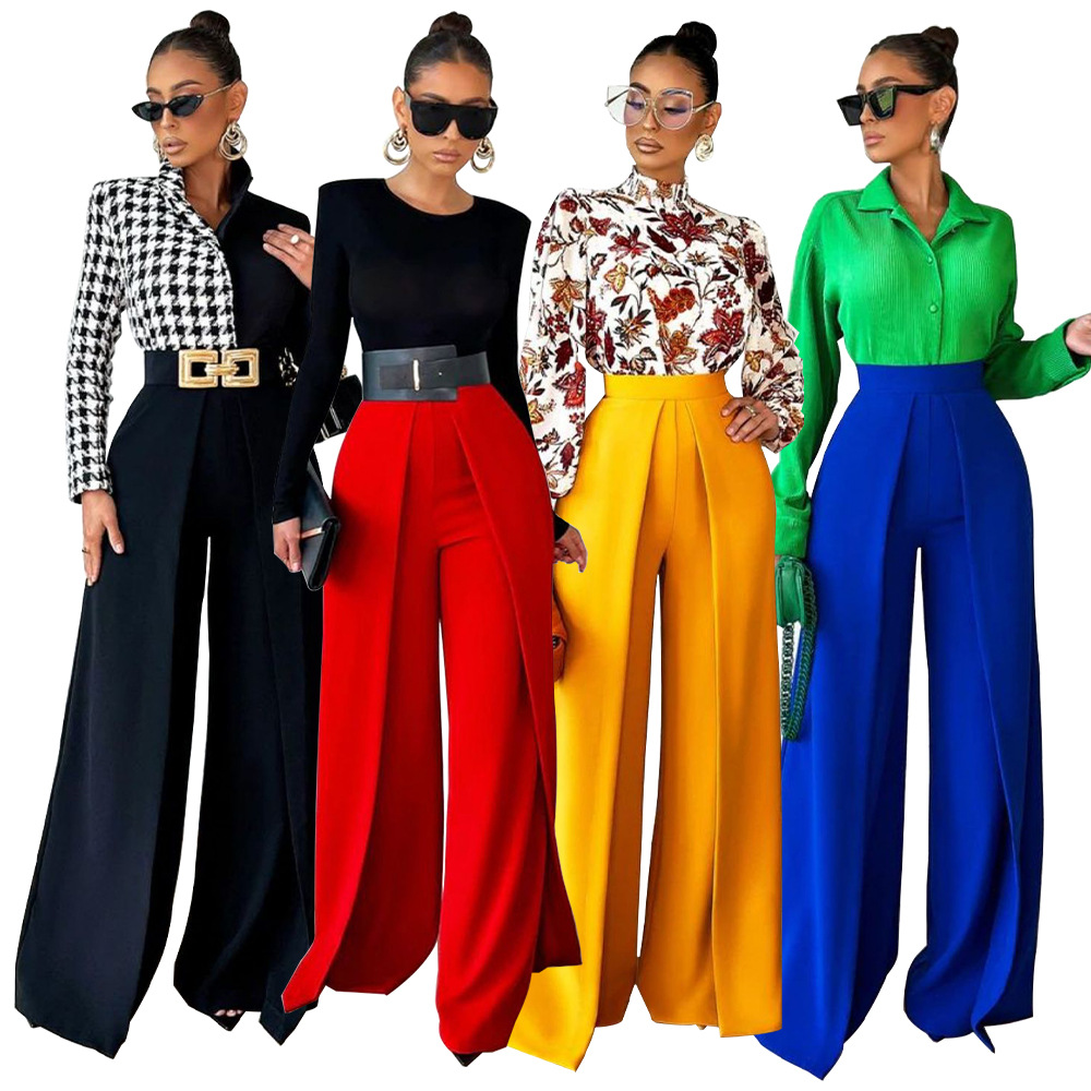 D1467 Amazon European and American Women's Clothing Drapey Loose Slimming Wide-Leg Pants Solid Color Fashionable Straight-Leg Casual Pants