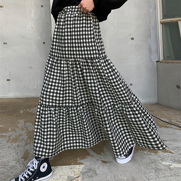 2026 Autumn/Winter New Korean Style Fashion Elastic Waist Skirt with Placket Cake Skirt High-End Plaid Long Women's Skirt
