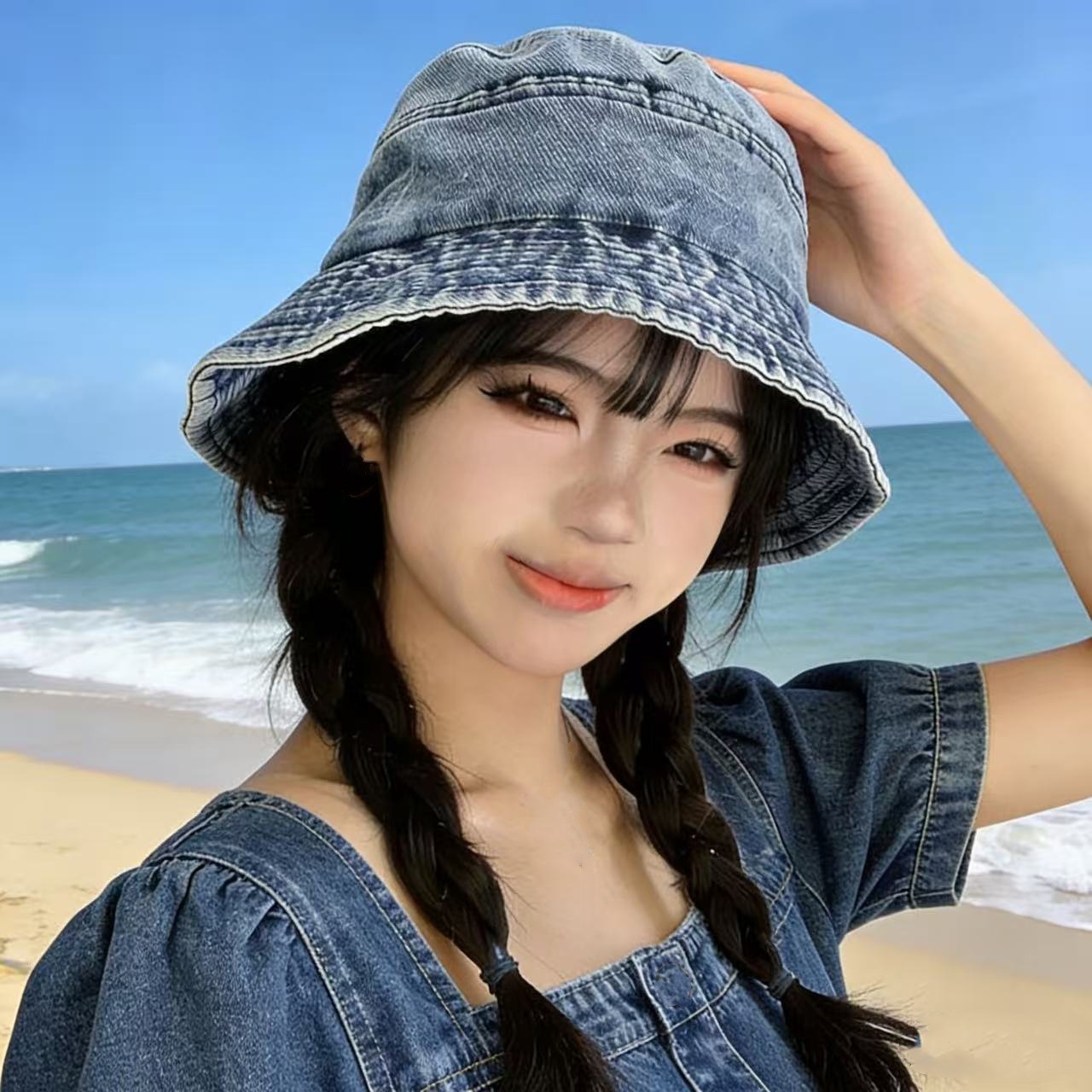 Summer New Vintage Washed Denim Hat, Versatile Sun Protection, Large Head Circumference, Face-Slimming Fisherman Bucket Hat