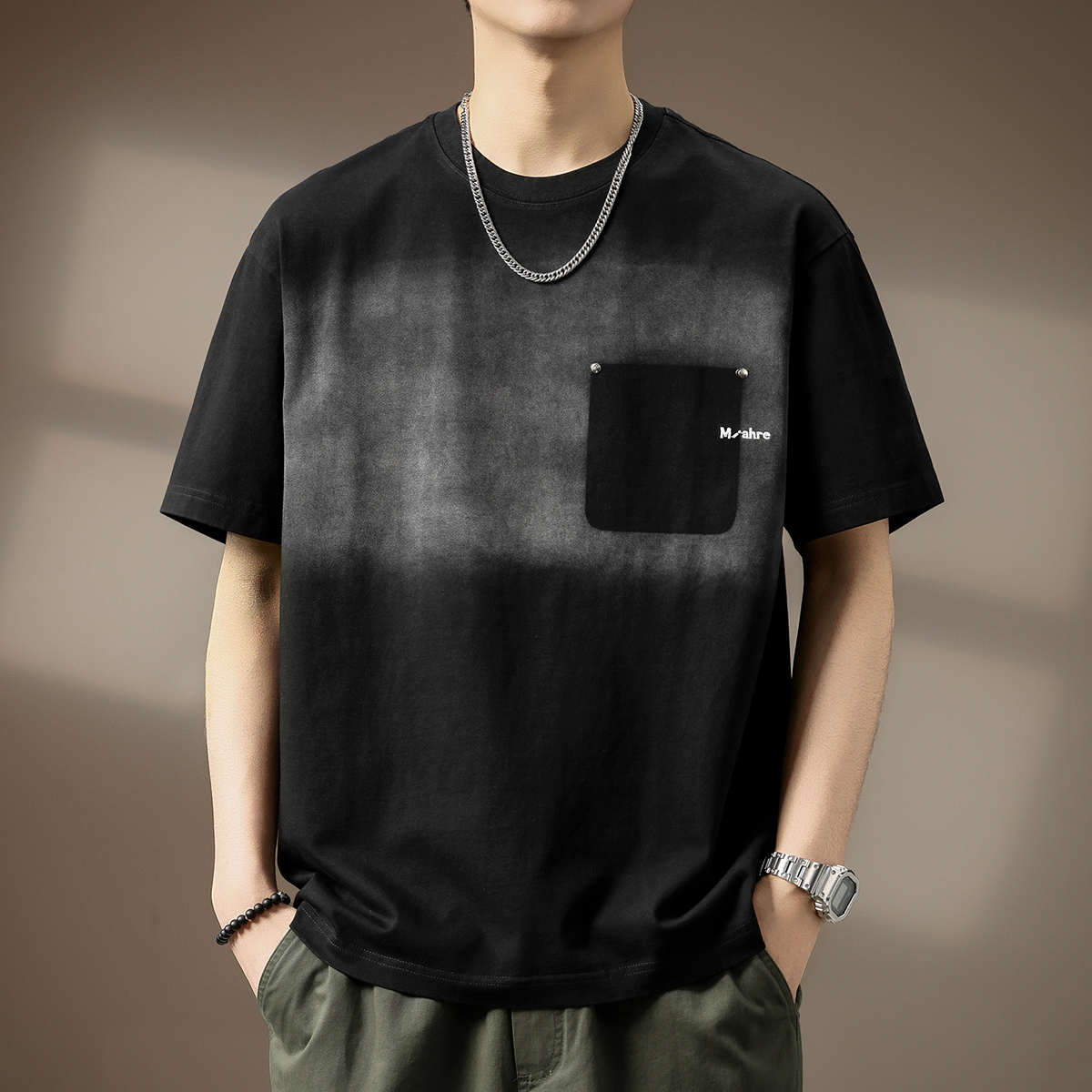 300g Heavyweight Gradient Washed Short-Sleeved T-Shirt for Men Summer Trendy Brand Loose Large Size Casual Cotton T-Shirt for Men