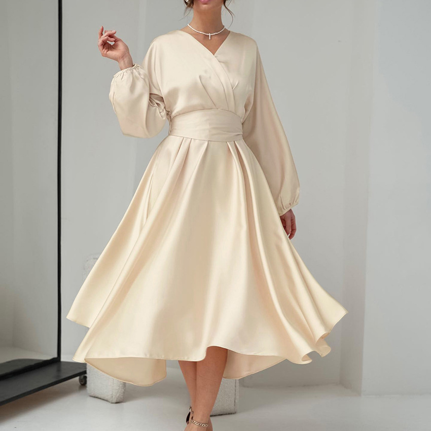 2022 Autumn European and American Amazon Satin Dress Slim Fit A-Line Long Dress Long-Sleeve Gown Ice Silk Waist-Cinching Dress