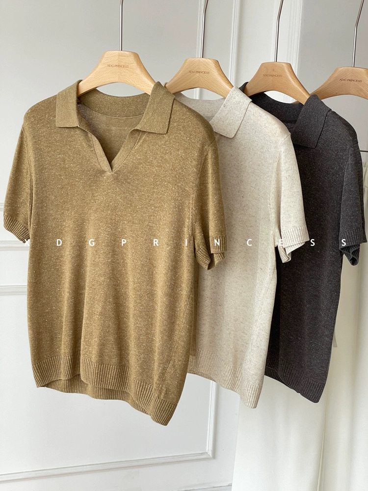 Classic Old Money Style~ Polo Collar High-End Simple T-Shirt with Turn-Down Collar, Lyocell Linen Short-Sleeve Knit Top for Women in Summer