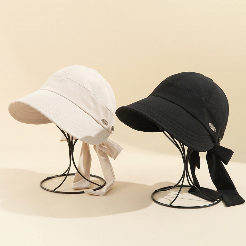 Summer Fashion Ribbon Equestrian Hat Outdoor Uv Protection Small Label Sunshade Sun Protection Hat Face-Slimming Fisherman Hat for Women
