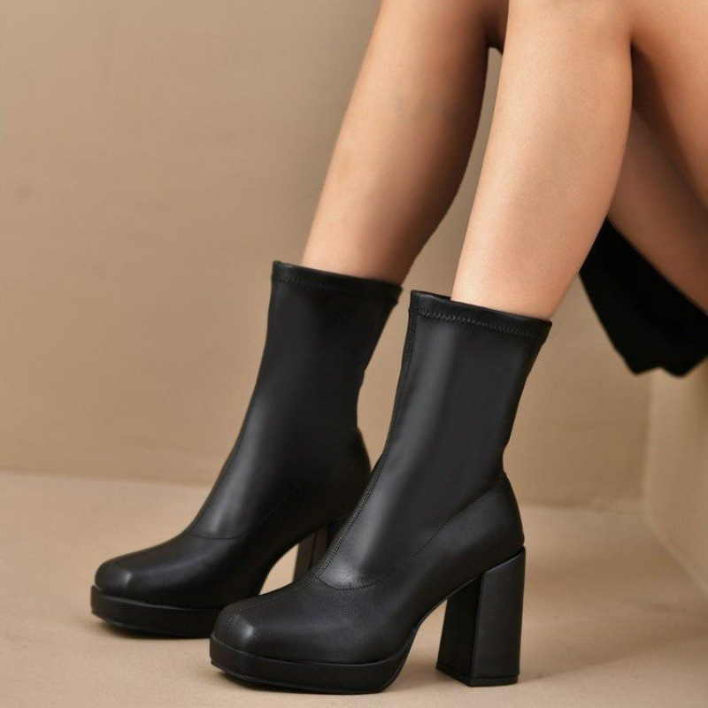 Chelsea Short Boots Women's Boots 2025 Autumn and Winter High Heels White Boots Thick Heel Square Toe High Heels Women's Boots Slim Boots