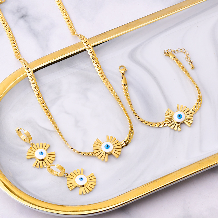 Cross-border personalized fashion style sunflower round eye neck necklace stainless steel bracelet 18K gold earrings wholesale