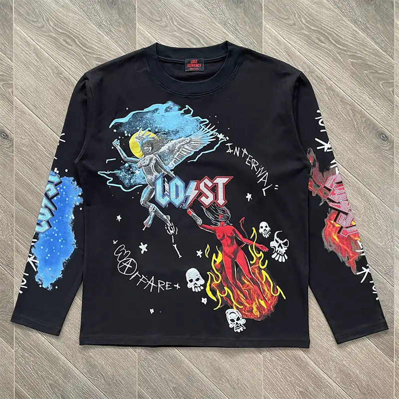 Lost Intricacy Washed Retro Style Angel and Devil Print pure cotton Long sleeves T-Shirt
