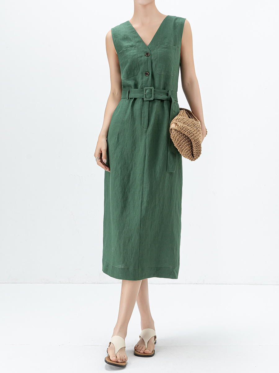 Xinge French Style vest skirt summer new linen lace-up single-breasted V-neck elegant slimming mid-length dress