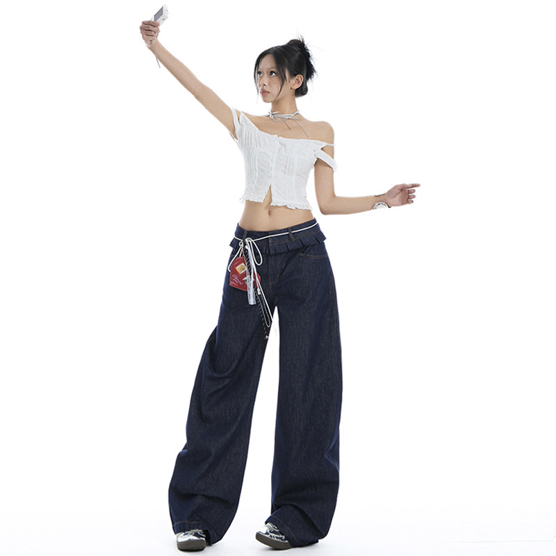 Double Waist American Style Hot Girl Scimitar Wide Leg Jeans Women's Spring and Summer New Straight Loose High Waist Slim Looking Pants